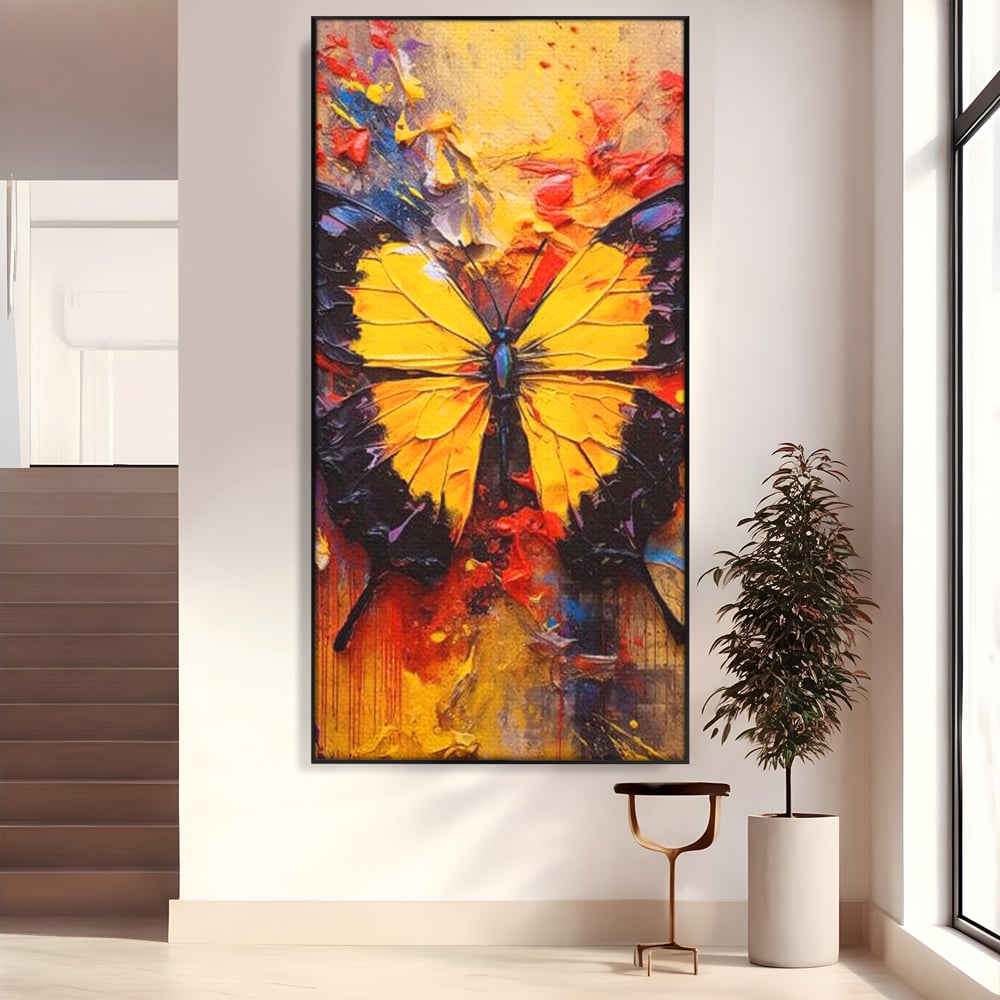Tablou canvas cu pictura cu fluture galben, in rama de aluminiu negru